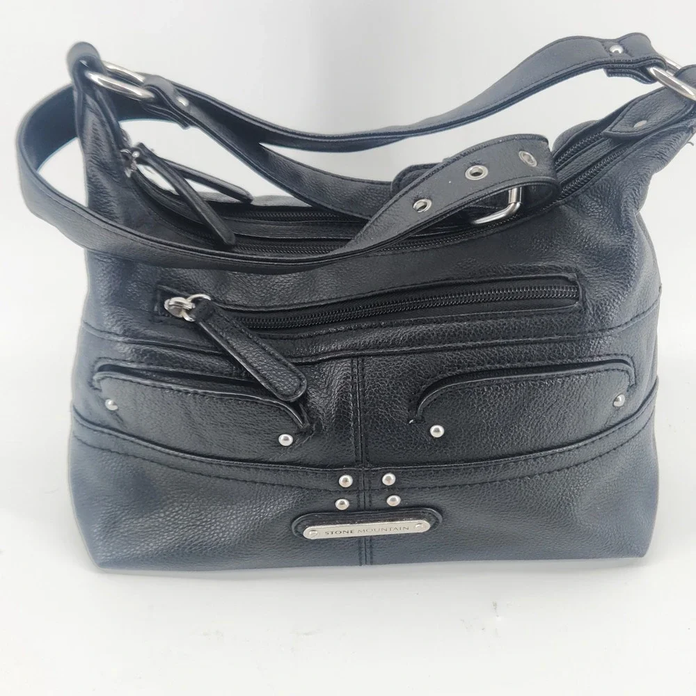 Stone Mountain Black Leather Crossbody Bag Dual Zip Top Multi Pocket Studded